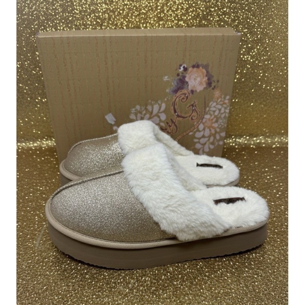 🔥Very G Delaney 💛👑💛Champagne Glitter Faux Fur Platform Mule‎ Slippers Sz 10